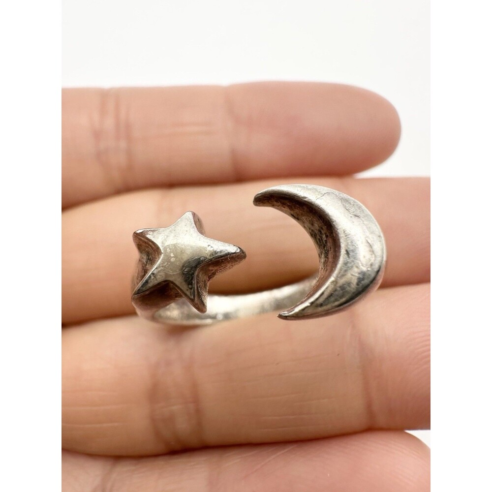 Vintage Moon & Star Sterling Silver Wrap Ring - Size 7.5
